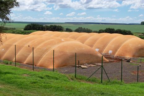 Biodigestores em propriedade em So Gabriel do Oeste. Ao fundo, rea de cultivo de gros. Foto de Ariosto Mesquita